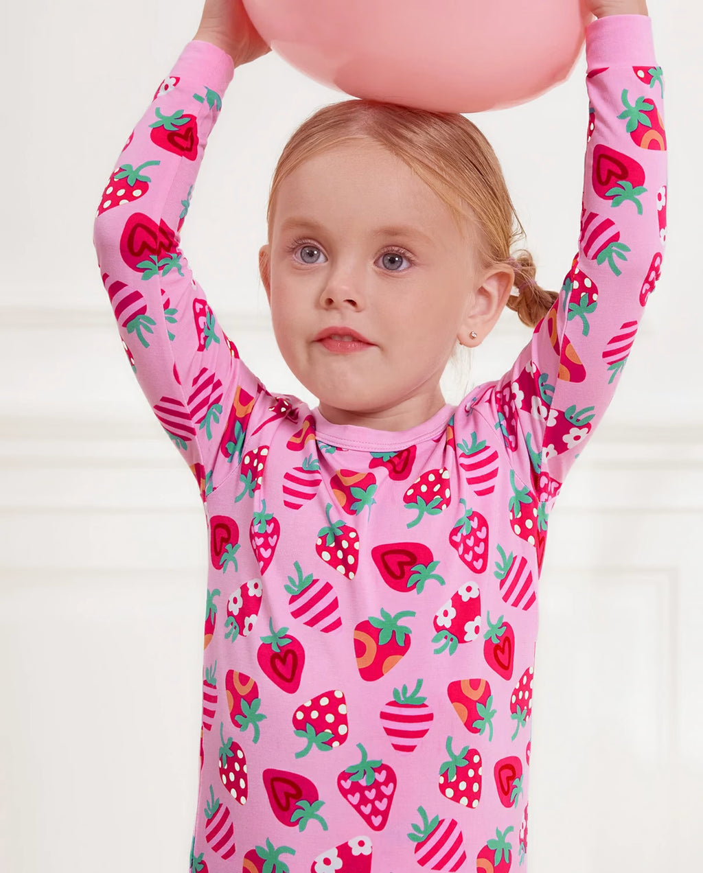 Strawberry Kisses Long Two-Piece Pajama Set, strawberry kisses bamboo two piece pjs lifestyle 4