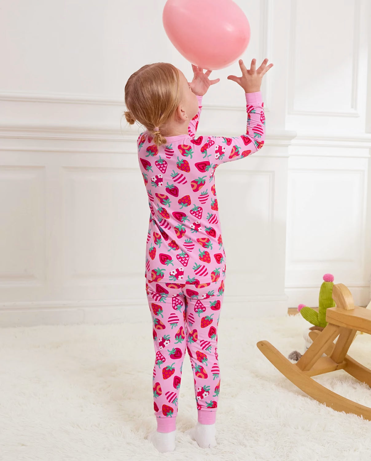 Strawberry Kisses Long Two-Piece Pajama Set, strawberry kisses bamboo two piece pjs lifestyle 5