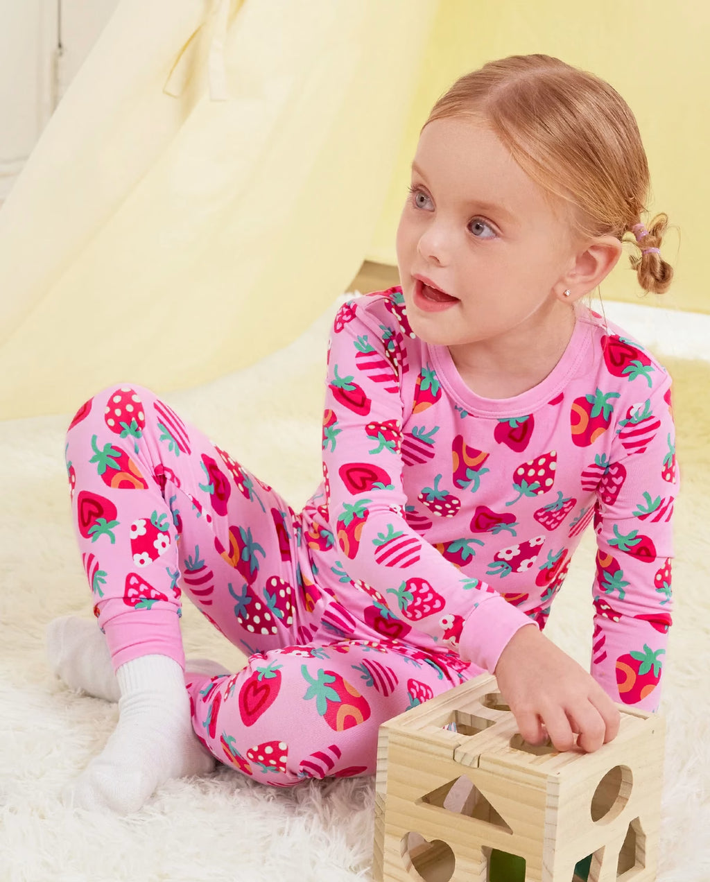 Strawberry Kisses Long Two-Piece Pajama Set, strawberry kisses bamboo two piece pjs lifestyle 9