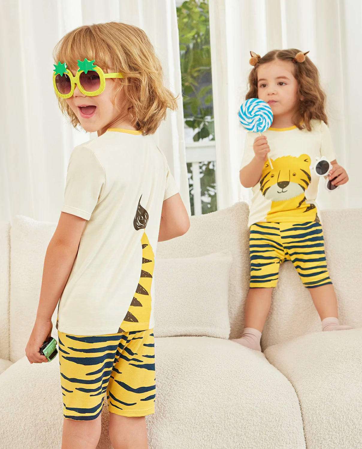 Tiger Short Two-Piece Pajama Set, tiger bamboo short two piece pjs lifestyle 01