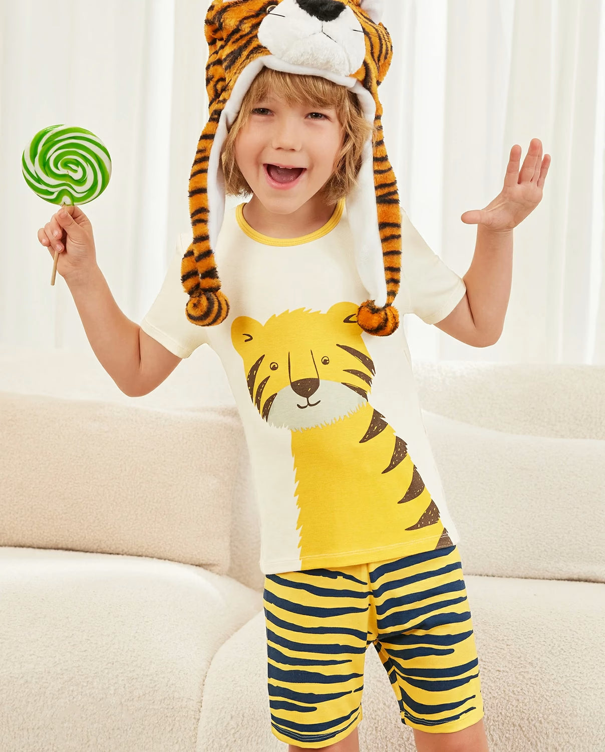 Tiger Short Two-Piece Pajama Set, tiger bamboo short two piece pjs lifestyle 03