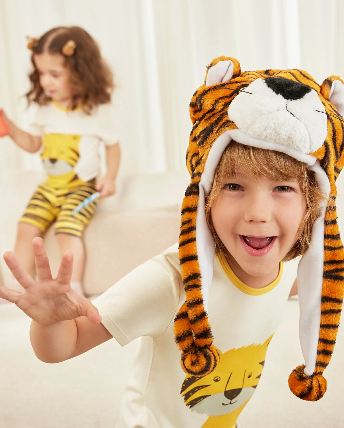 Tiger Short Two-Piece Pajama Set, tiger bamboo short two piece pjs lifestyle 05