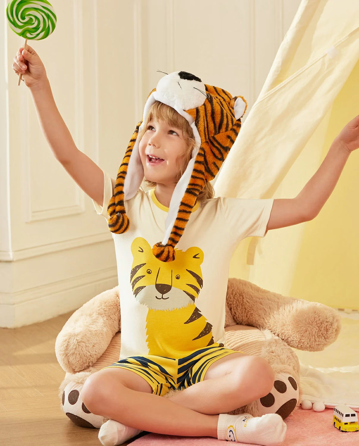 Tiger Short Two-Piece Pajama Set, tiger bamboo short two piece pjs lifestyle 12