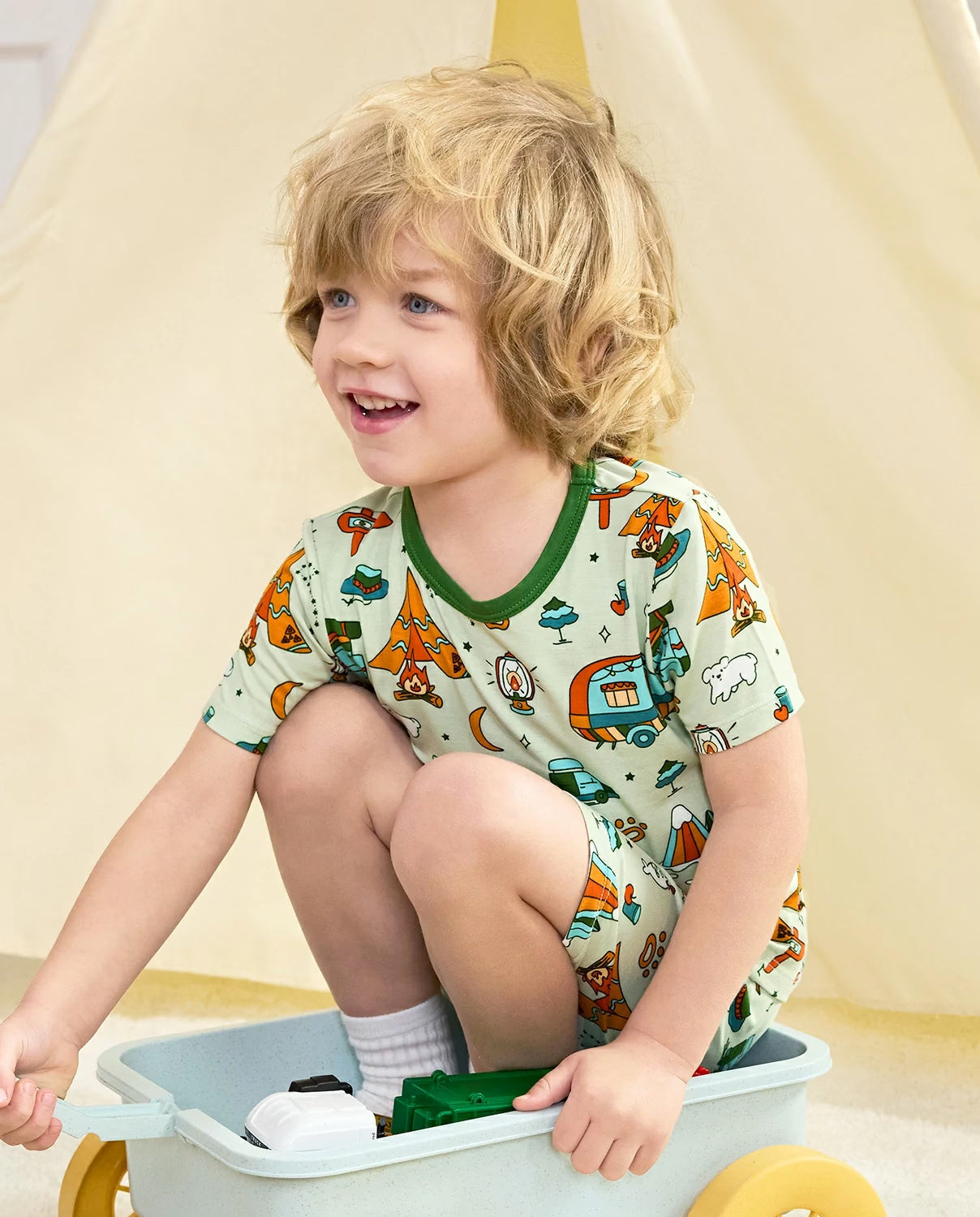 Tiny Campers Short Two-Piece Pajama Set, tiny campers bamboo short two piece pjs lifestyle 06