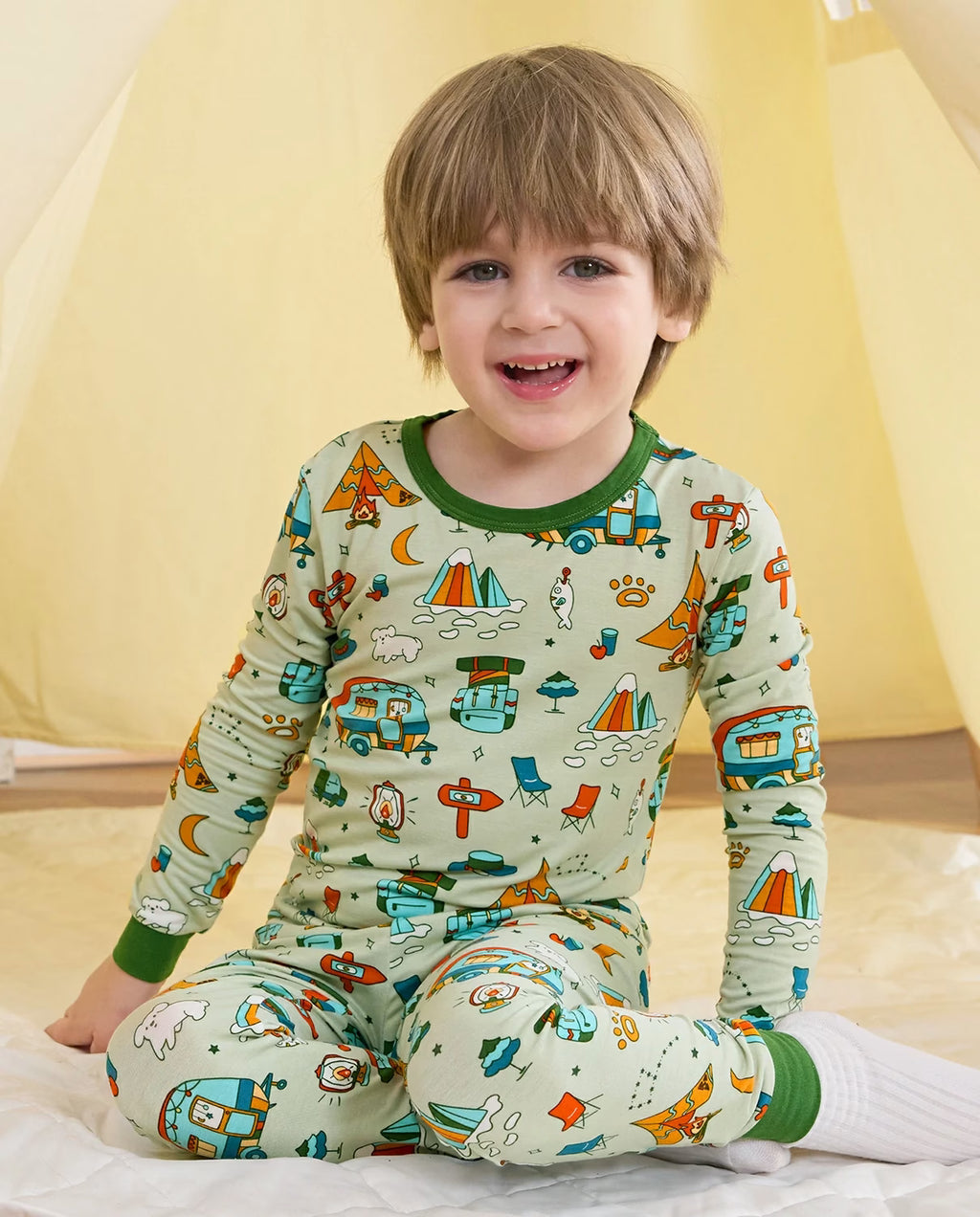 Tiny Campers Long Two-Piece Pajama Set, tiny campers bamboo two piece pjs lifestyle 1