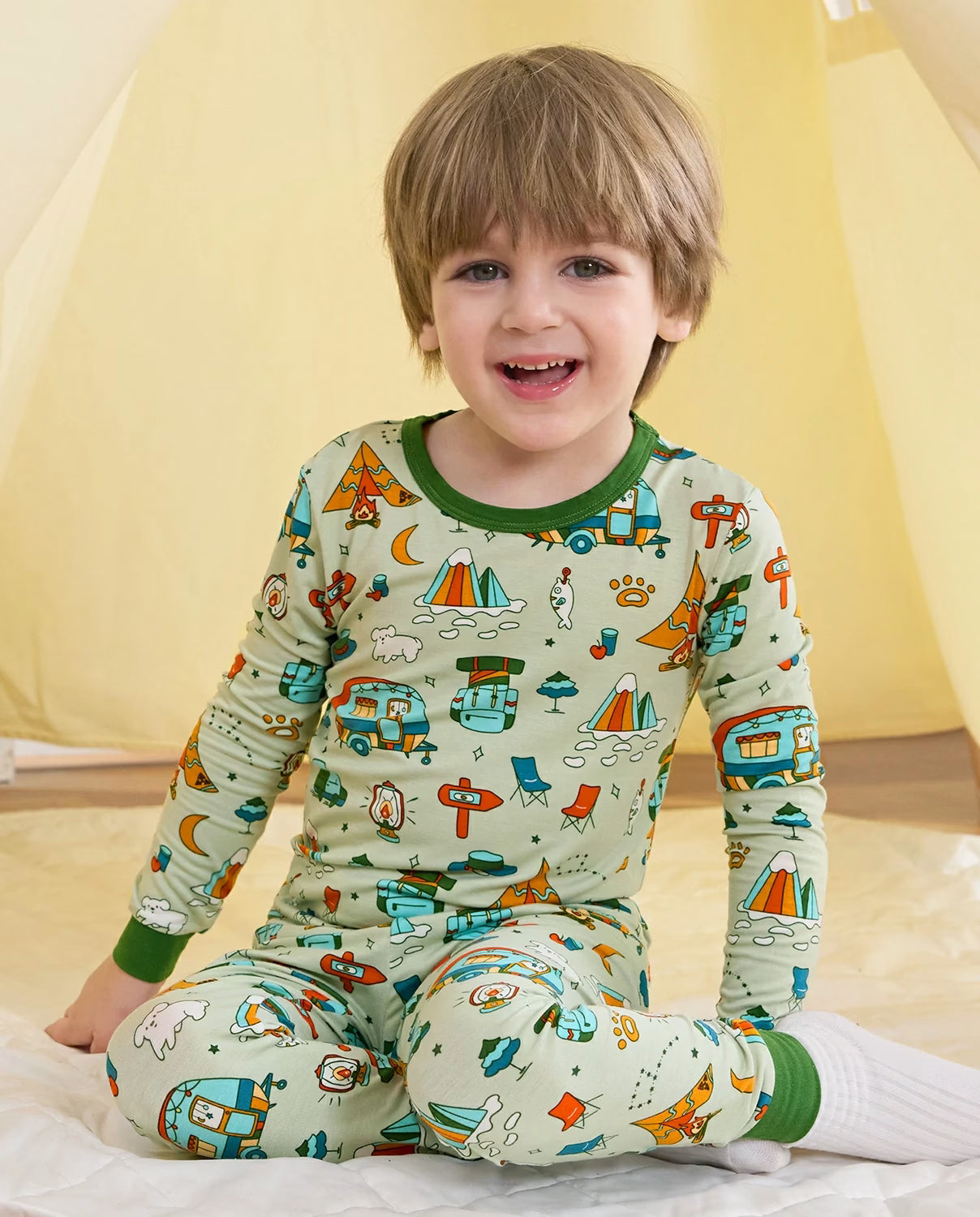 Tiny Campers Long Two-Piece Pajama Set, tiny campers bamboo two piece pjs lifestyle 1