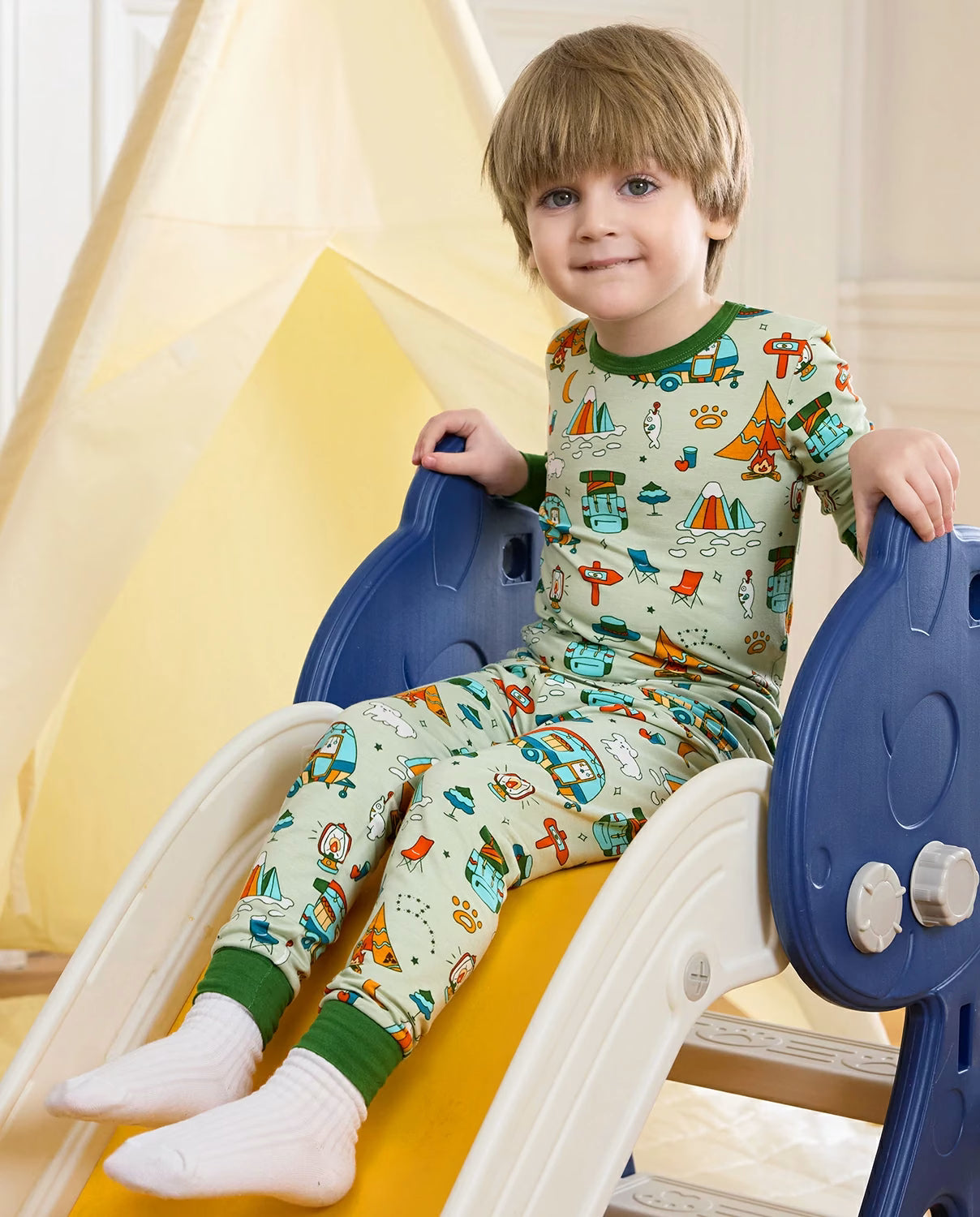 Tiny Campers Long Two-Piece Pajama Set, tiny campers bamboo two piece pjs lifestyle 2