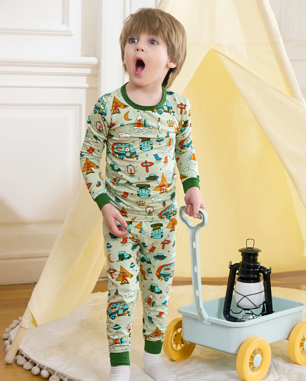 Tiny Campers Long Two-Piece Pajama Set, tiny campers bamboo two piece pjs lifestyle 4