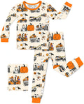 Trick Trucks bamboo long two-piece pajama set with Halloween trucks, pumpkins, ghosts, bats, and orange cuffs