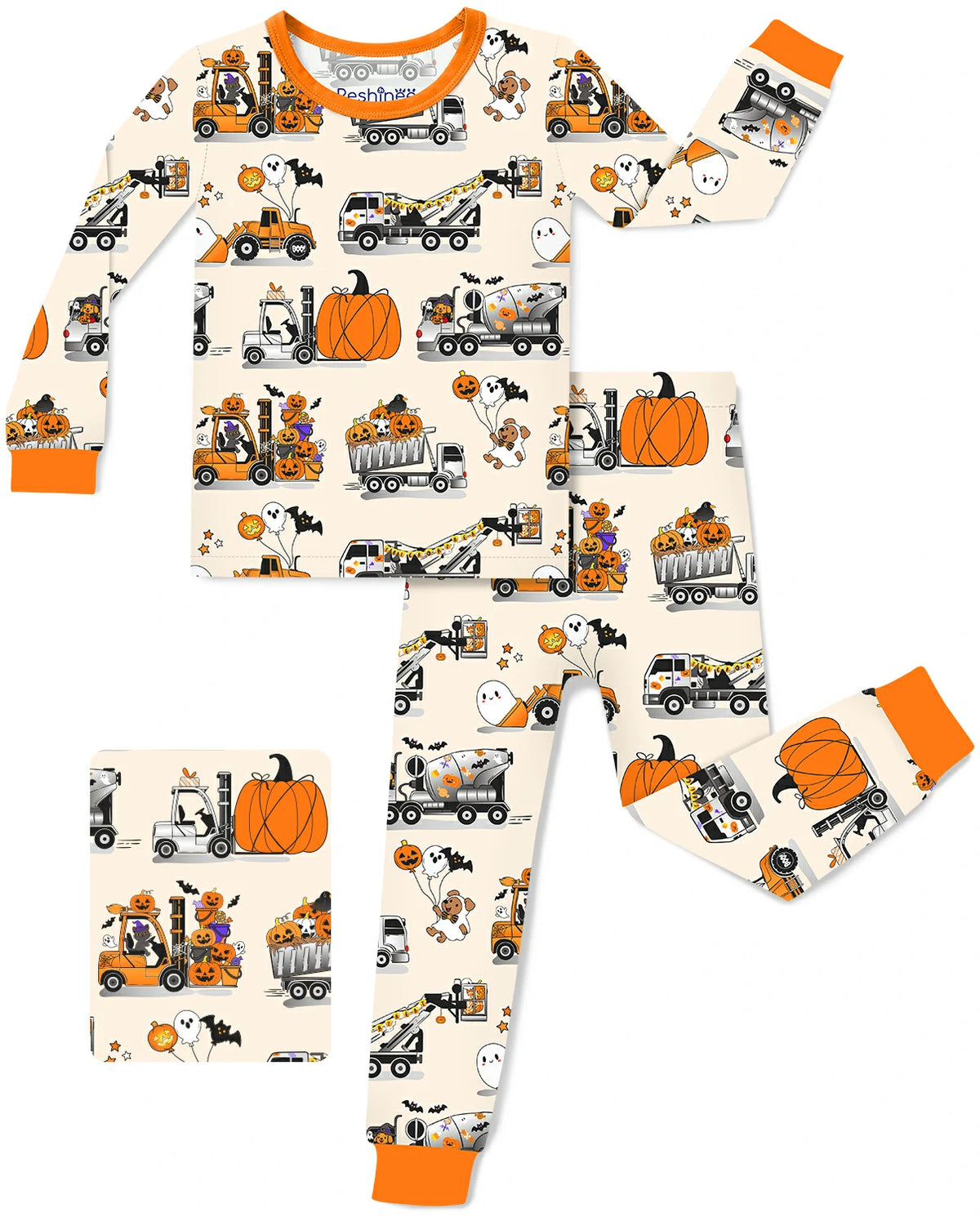 Trick Trucks bamboo long two-piece pajama set with Halloween trucks, pumpkins, ghosts, bats, and orange cuffs