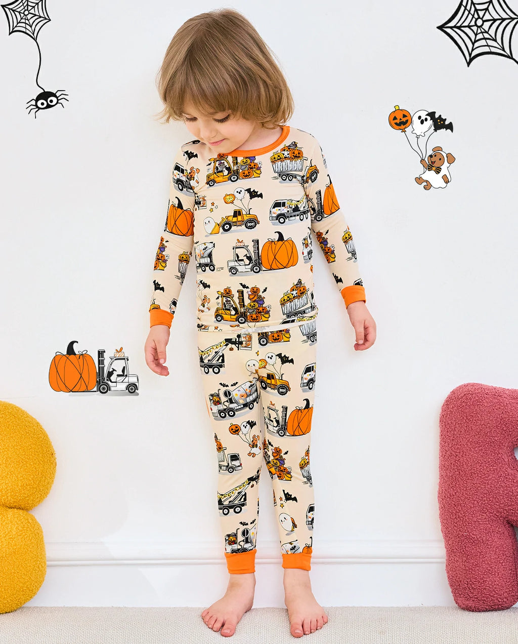 Trick Trucks Long Two-Piece Pajama Set - child wearing the pajamas, full-length front view