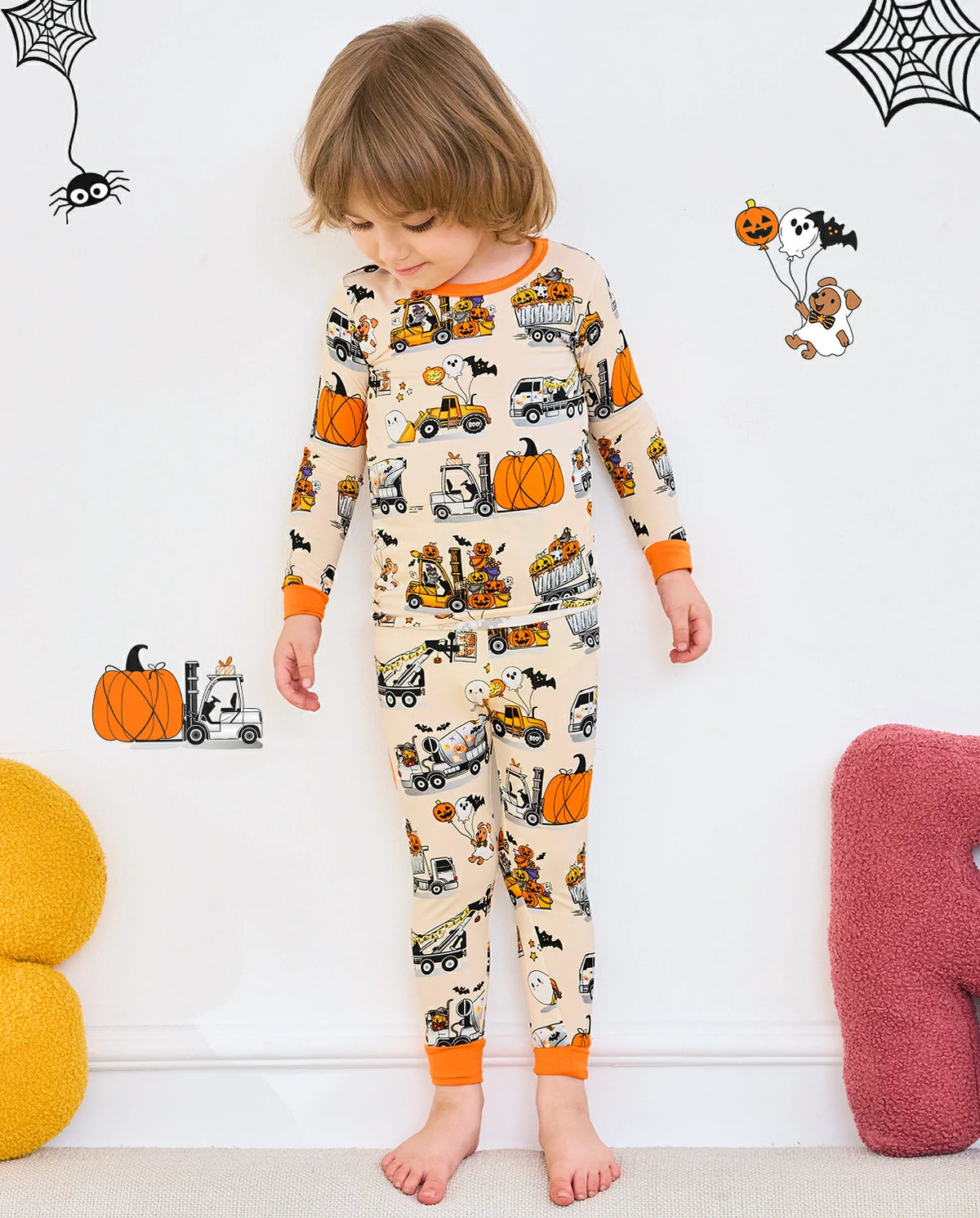 Trick Trucks Long Two-Piece Pajama Set - child wearing the pajamas, full-length front view