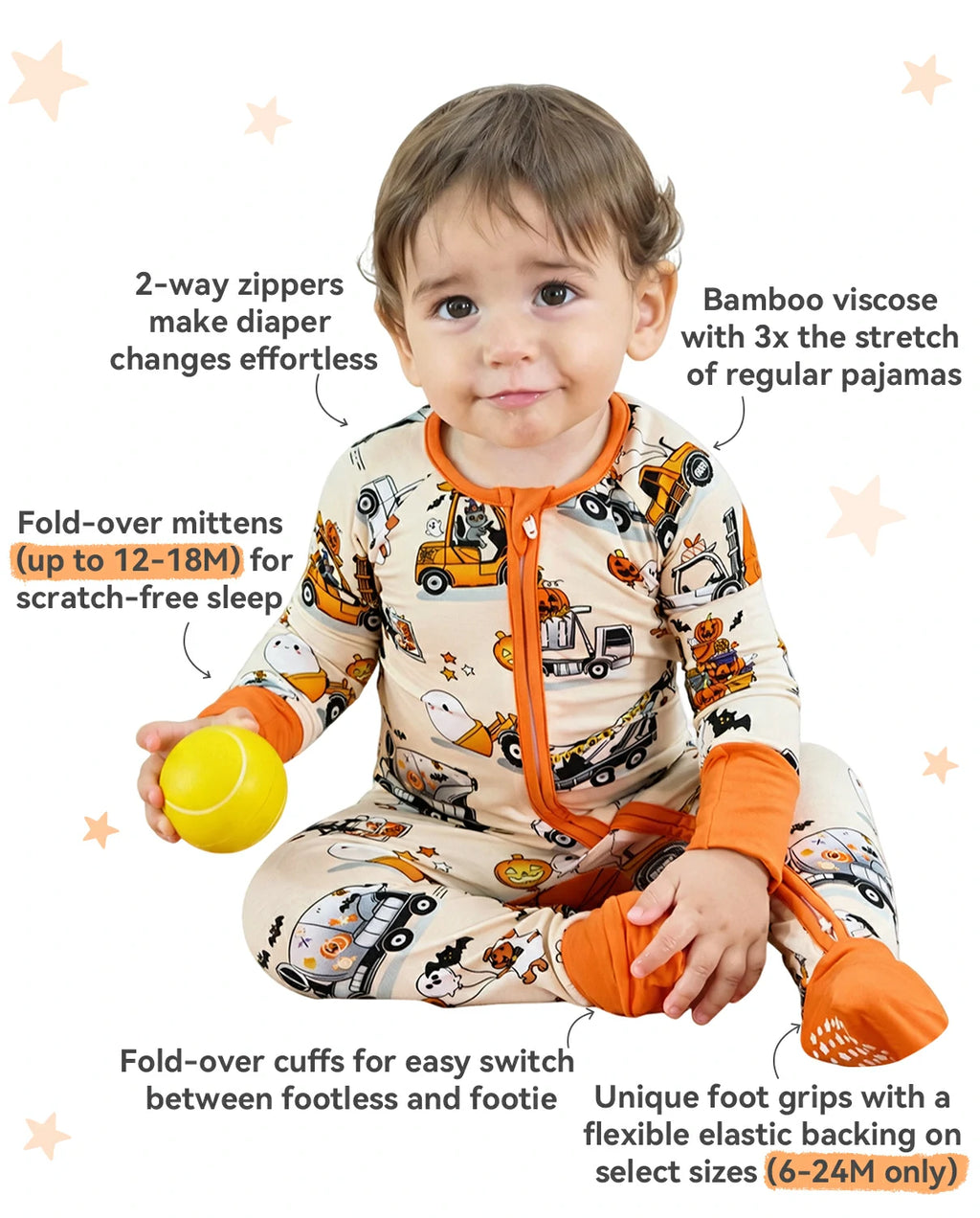 Trick Trucks bamboo zippy feature image with two-way zipper, fold-over mittens, and foot grips
