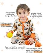 Trick Trucks bamboo zippy feature image with two-way zipper, fold-over mittens, and foot grips