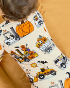 Close-up of Trick Trucks bamboo zippy Halloween truck and pumpkin print