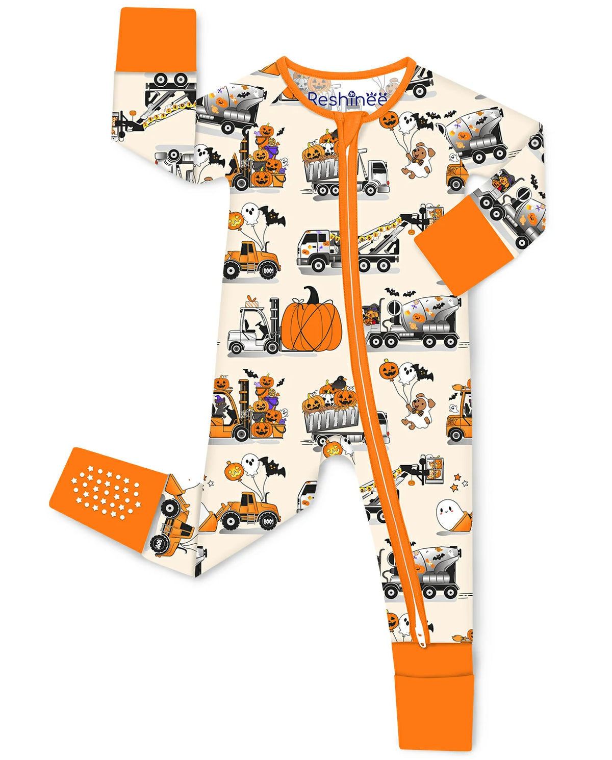 Trick Trucks bamboo zippy with Halloween trucks, pumpkins, ghosts, bats, orange cuffs, and two-way zipper
