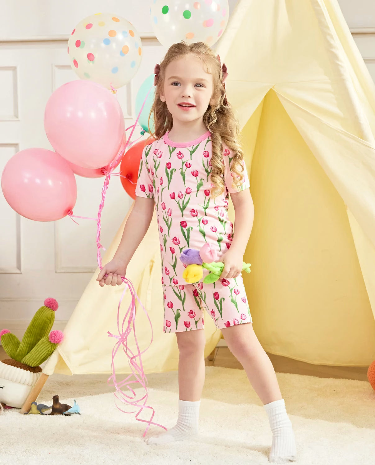 Tulip Garden Short Two-Piece Pajama Set, tulip garden bamboo short two piece pjs lifestyle 01