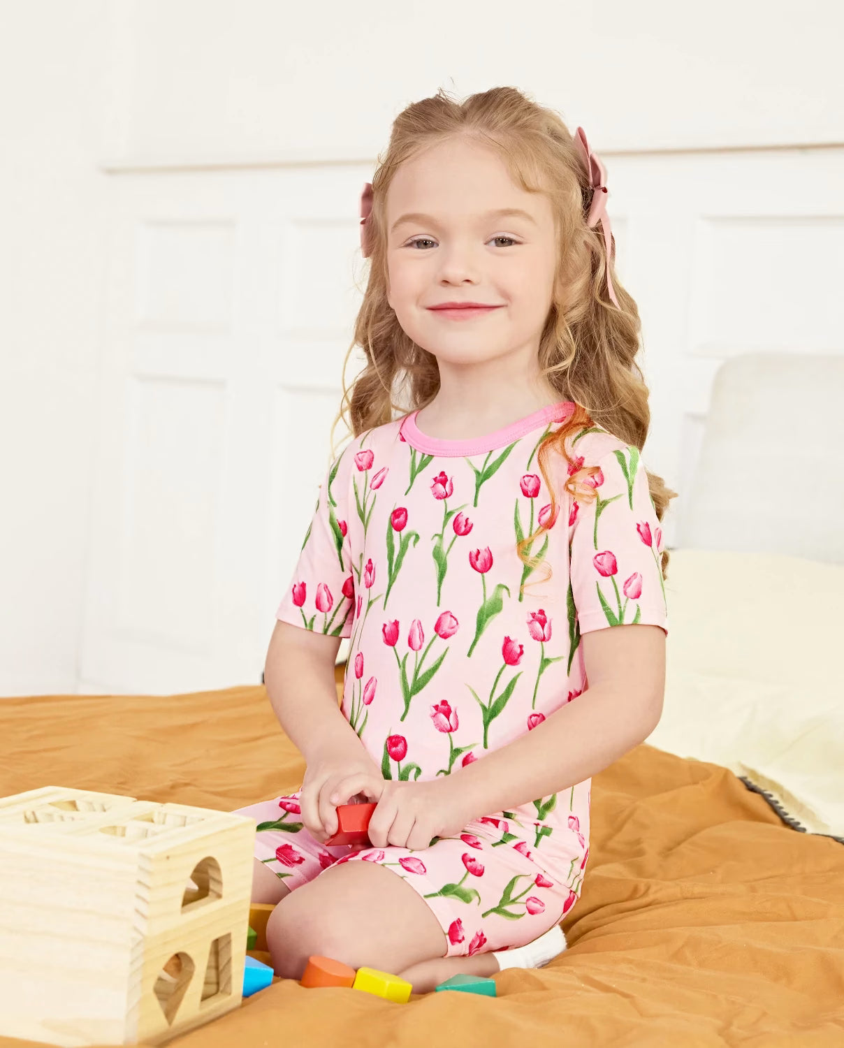 Tulip Garden Short Two-Piece Pajama Set, tulip garden bamboo short two piece pjs lifestyle 04