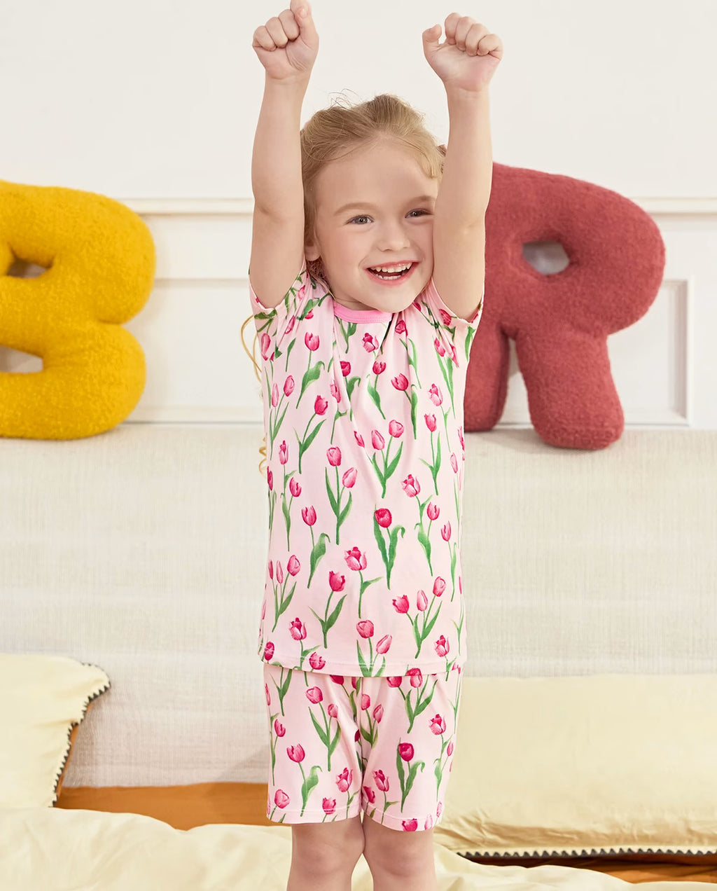 Tulip Garden Short Two-Piece Pajama Set, tulip garden bamboo short two piece pjs lifestyle 06
