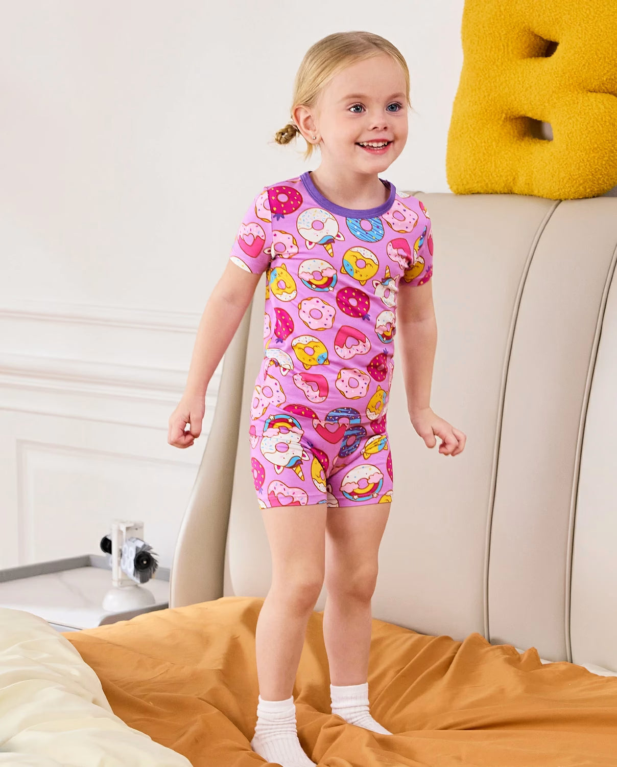 Unicorn Donuts Short Two-Piece Pajama Set, unicorn donuts bamboo short two piece pjs lifestyle 07