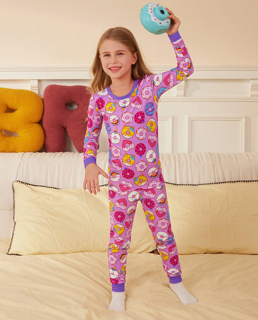 Unicorn Donuts Long Two-Piece Pajama Set, unicorn donuts bamboo two piece pjs lifestyle 1