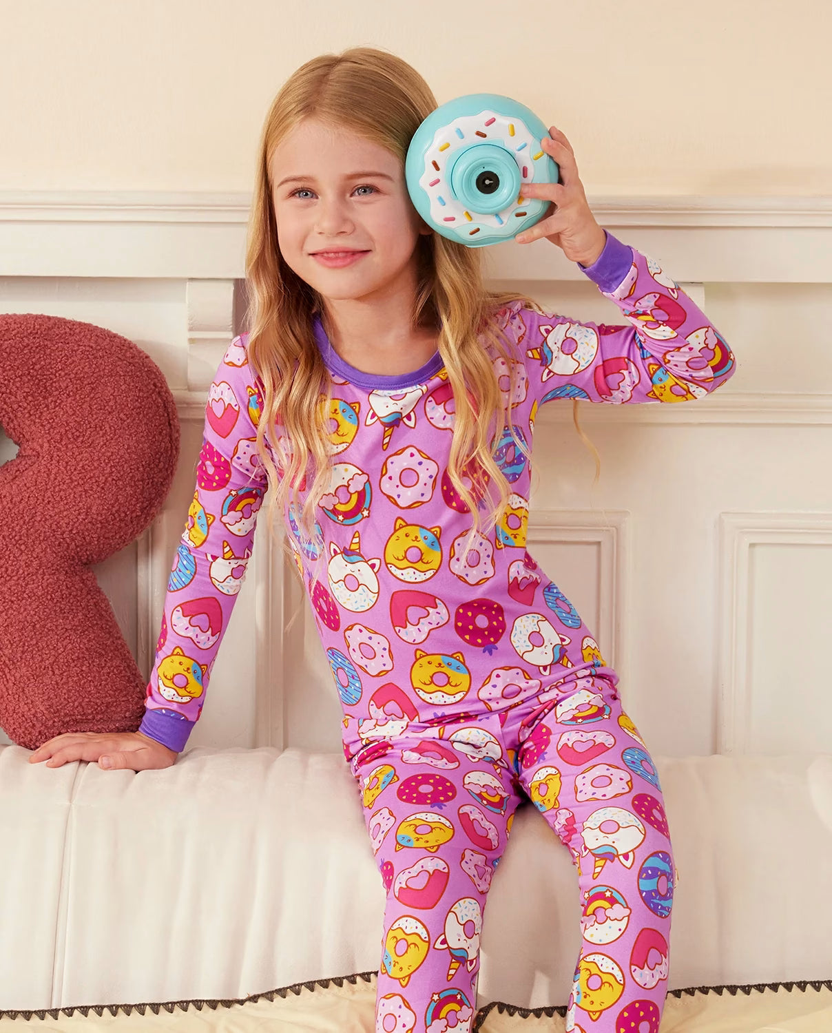 Unicorn Donuts Long Two-Piece Pajama Set, unicorn donuts bamboo two piece pjs lifestyle 2