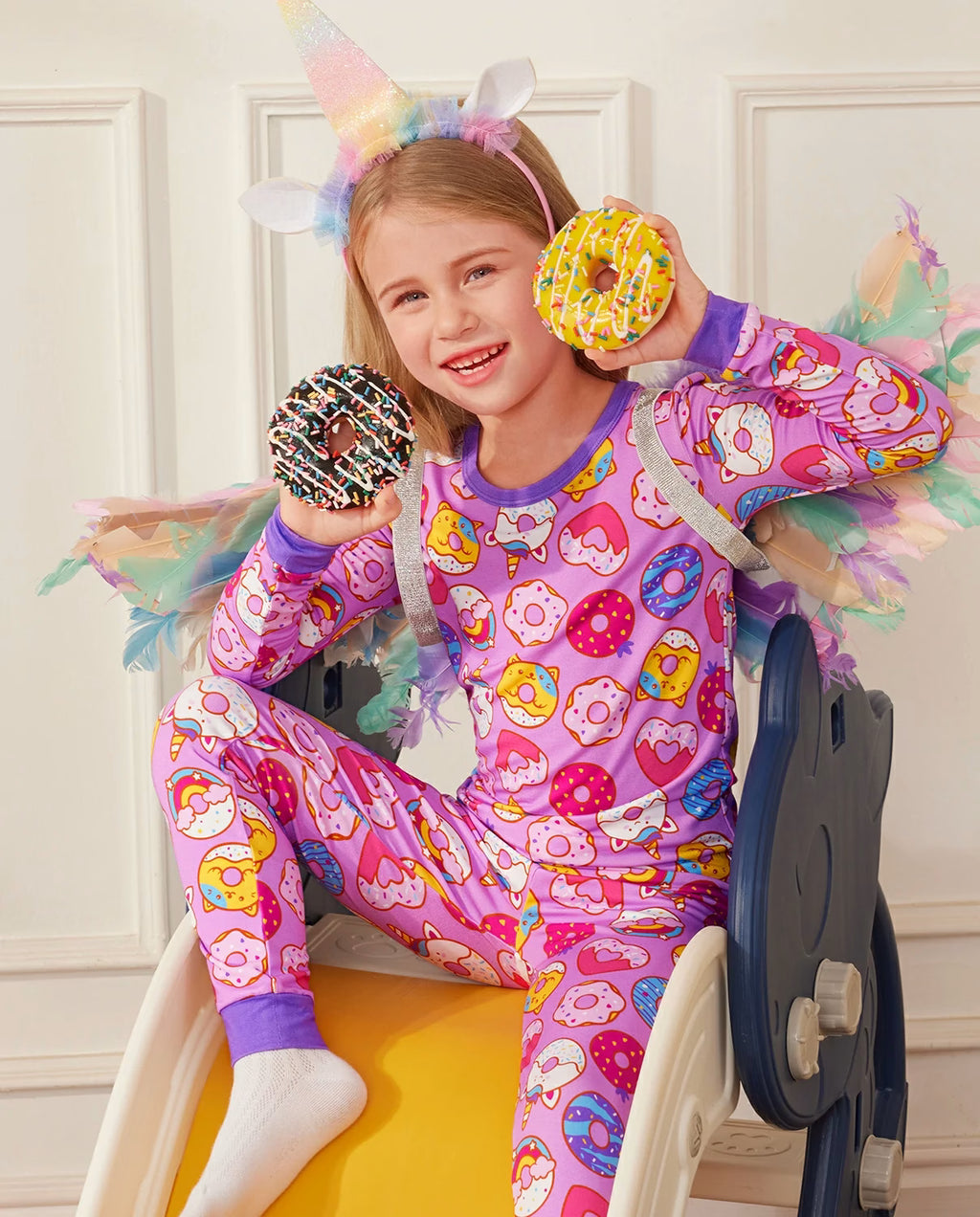 Unicorn Donuts Long Two-Piece Pajama Set, unicorn donuts bamboo two piece pjs lifestyle 4