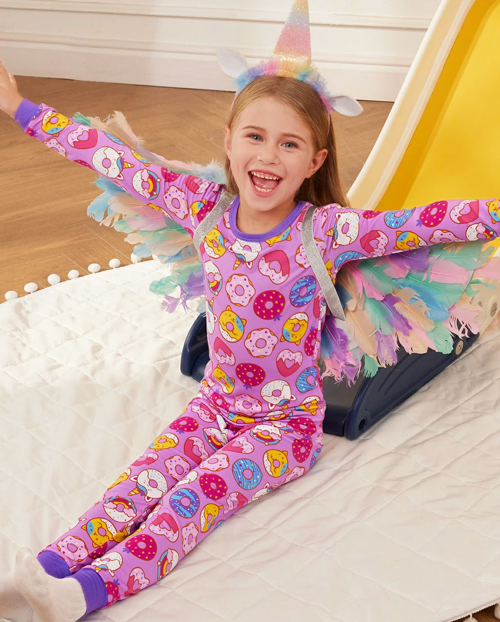 Unicorn Donuts Long Two-Piece Pajama Set, unicorn donuts bamboo two piece pjs lifestyle 7