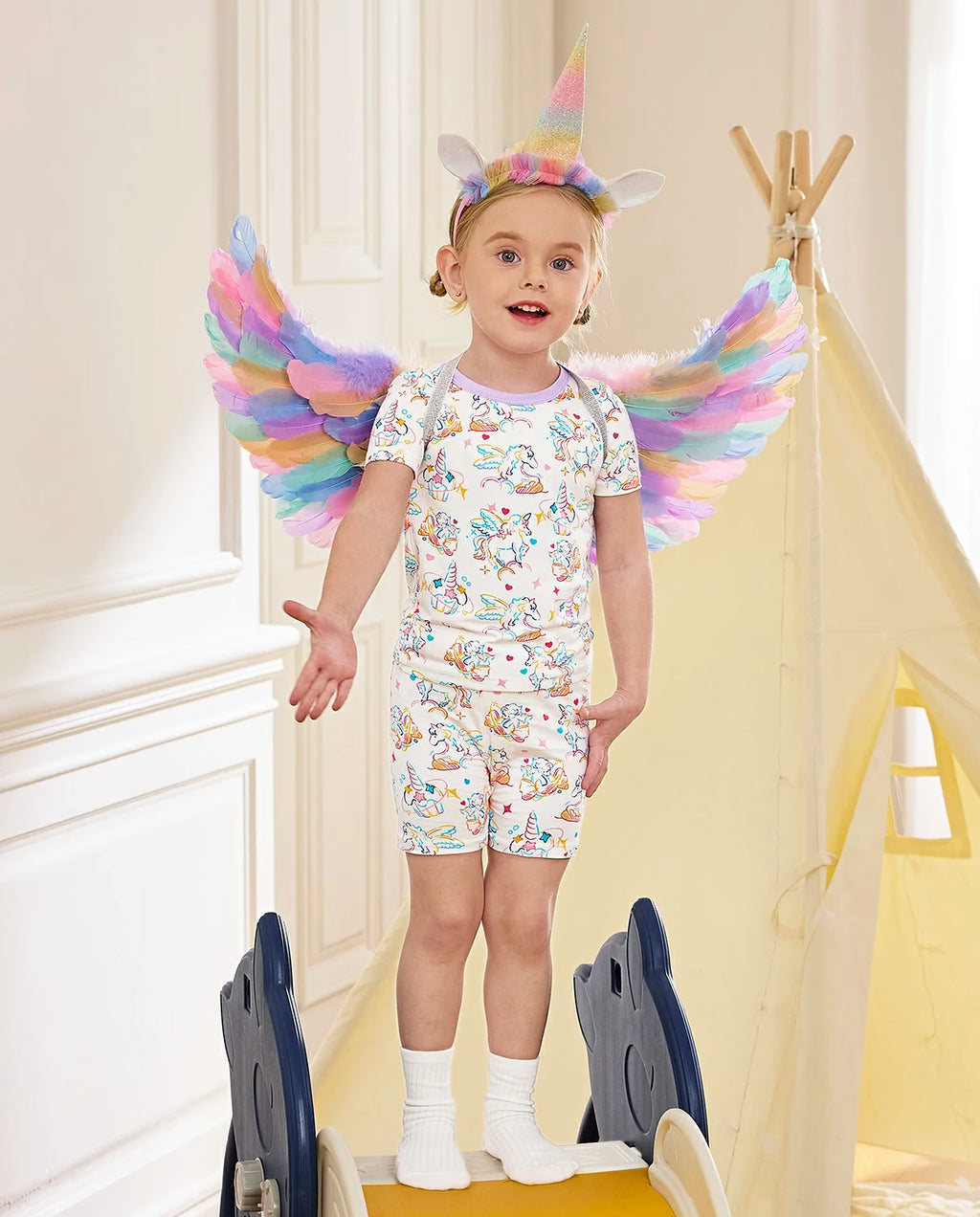 Unicorn Fireworks Short Two-Piece Pajama Set, unicorn fireworks bamboo short two piece pjs lifestyle 01