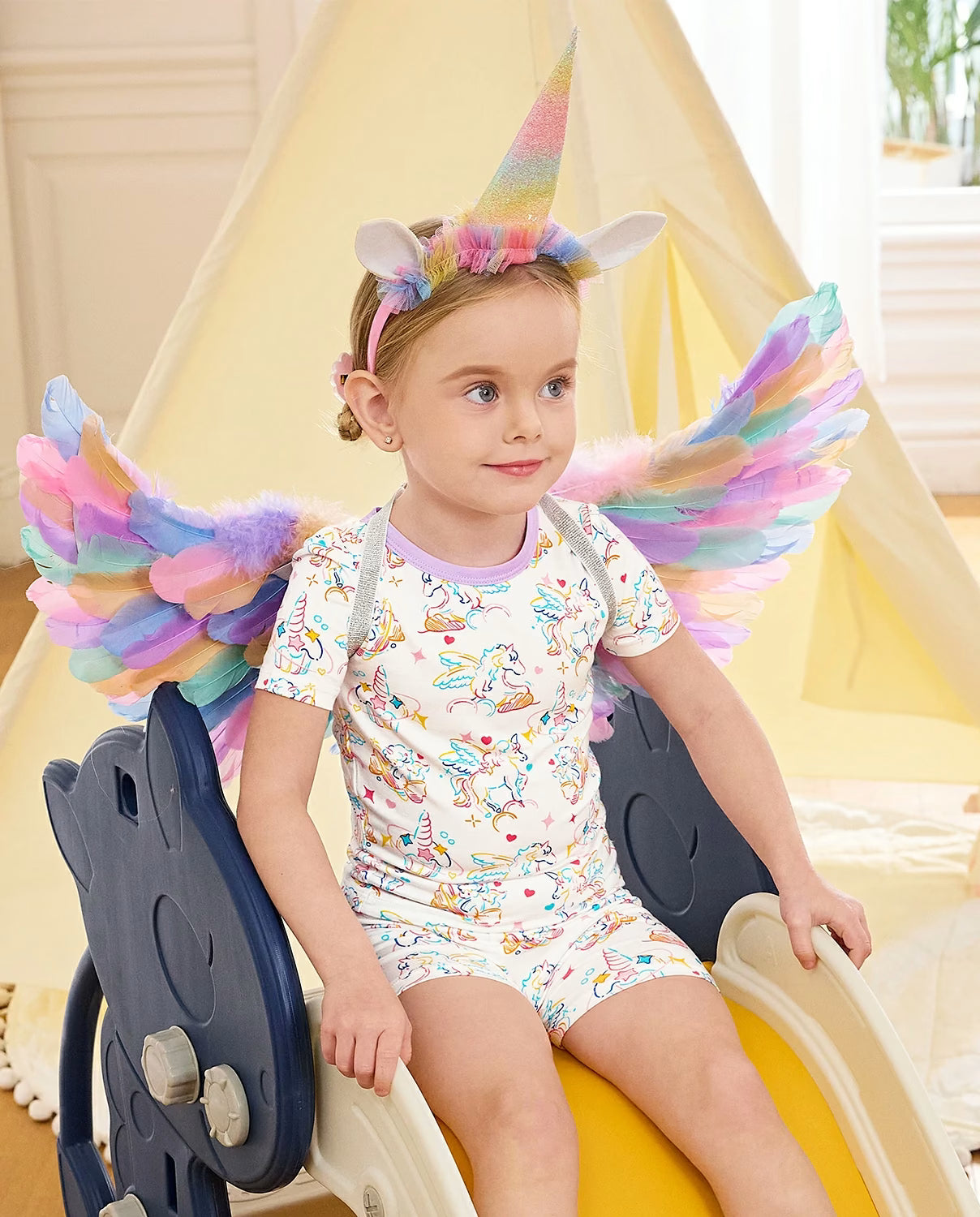 Unicorn Fireworks Short Two-Piece Pajama Set, unicorn fireworks bamboo short two piece pjs lifestyle 02