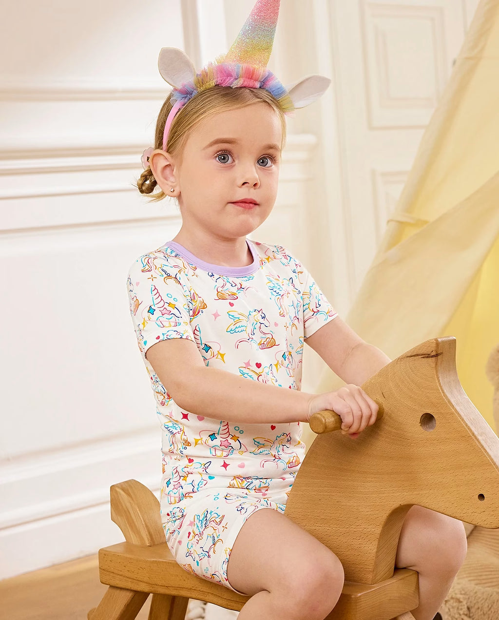Unicorn Fireworks Short Two-Piece Pajama Set, unicorn fireworks bamboo short two piece pjs lifestyle 06