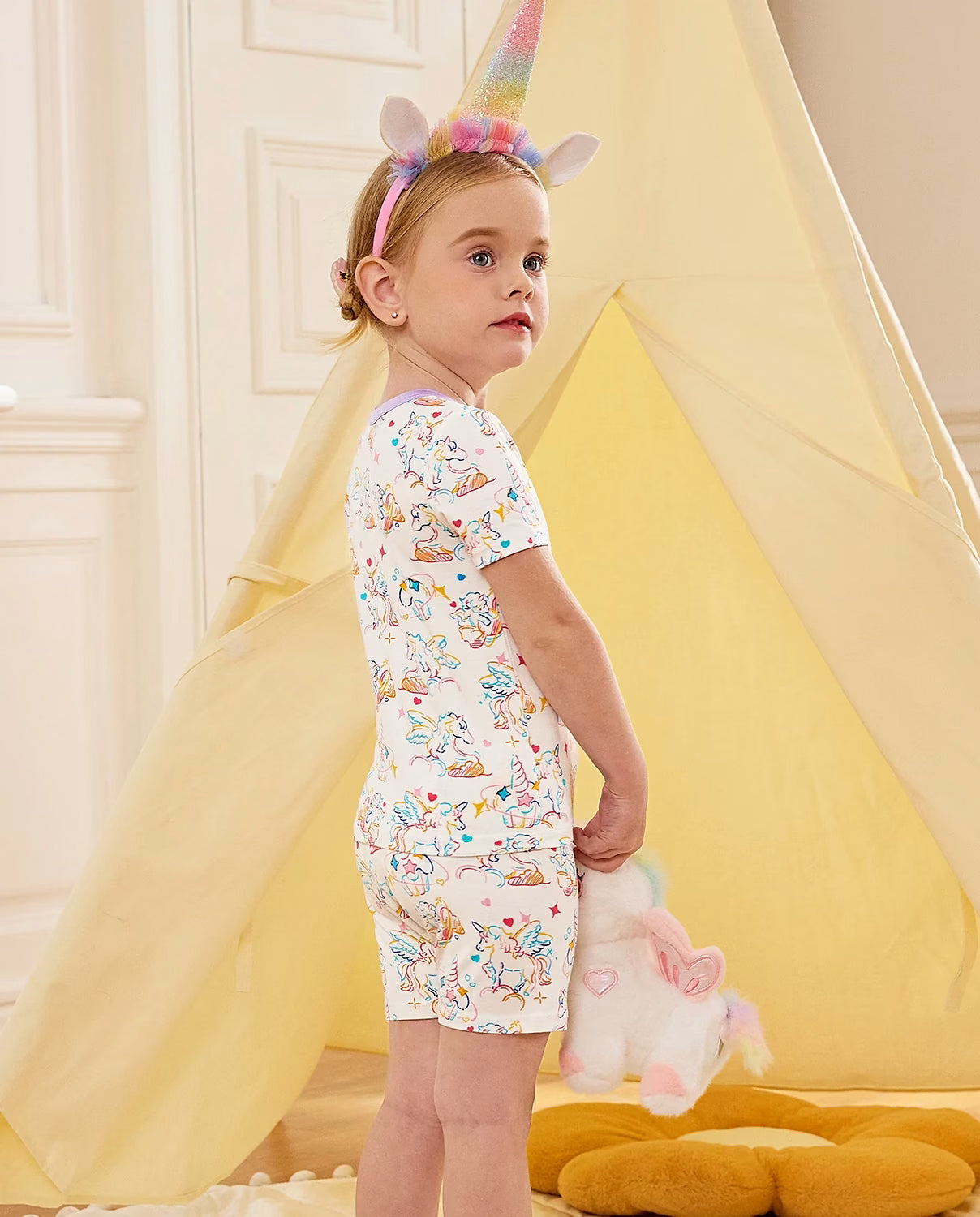 Unicorn Fireworks Short Two-Piece Pajama Set, unicorn fireworks bamboo short two piece pjs lifestyle 08