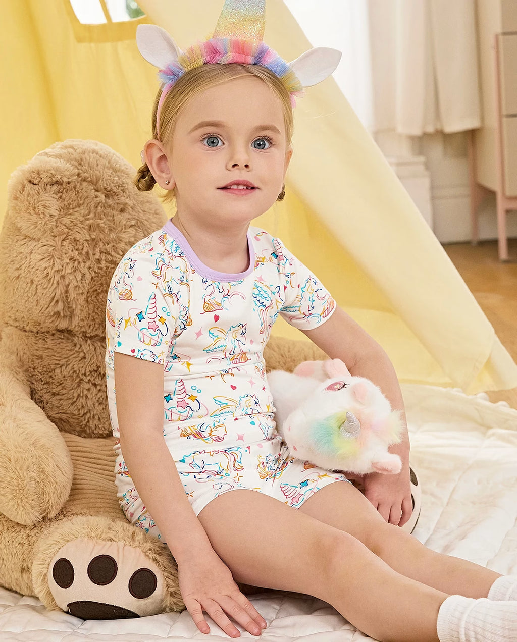 Unicorn Fireworks Short Two-Piece Pajama Set, unicorn fireworks bamboo short two piece pjs lifestyle 09