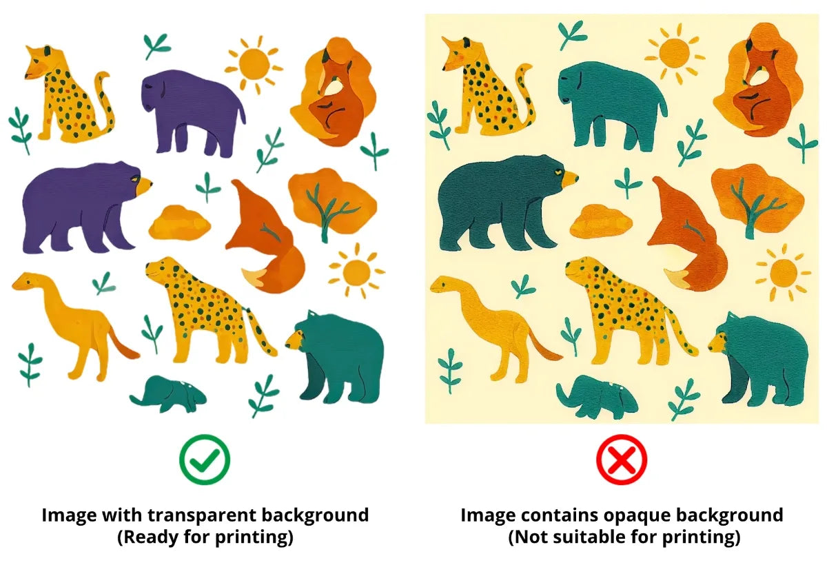 Examples showing how a clean or transparent artwork background improves the print result