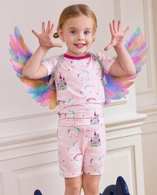 Child wearing a colorful bamboo short two-piece pajama set