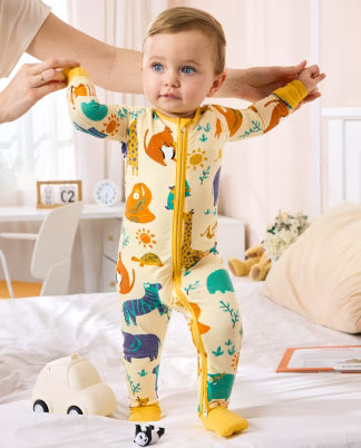 Baby wearing Animal Dreamland bamboo zippy pajamas
