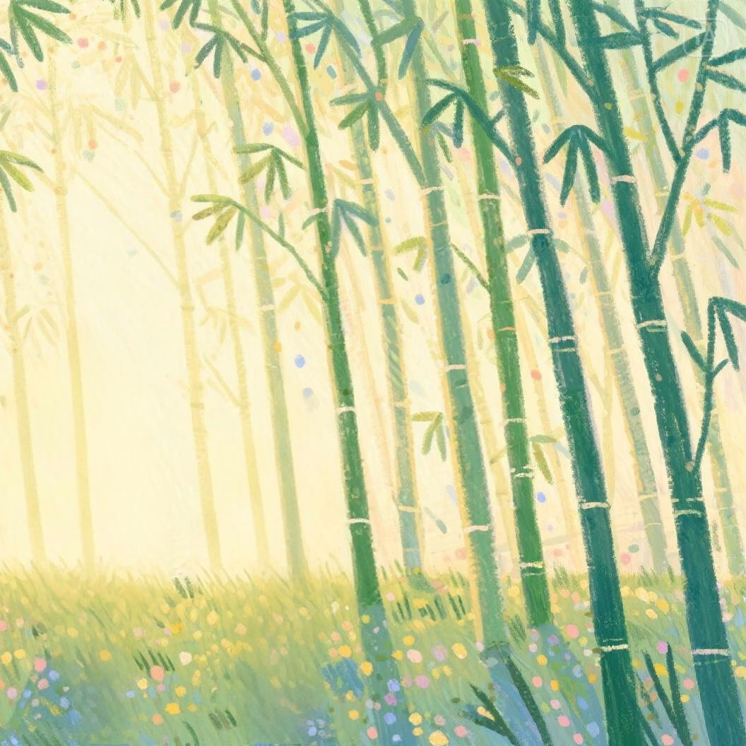 Illustrated bamboo forest at the beginning of the fabric journey