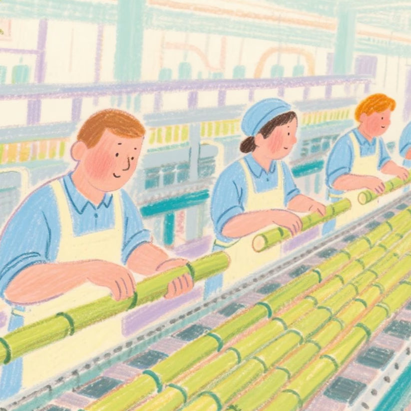 Illustration of bamboo being prepared for fiber extraction