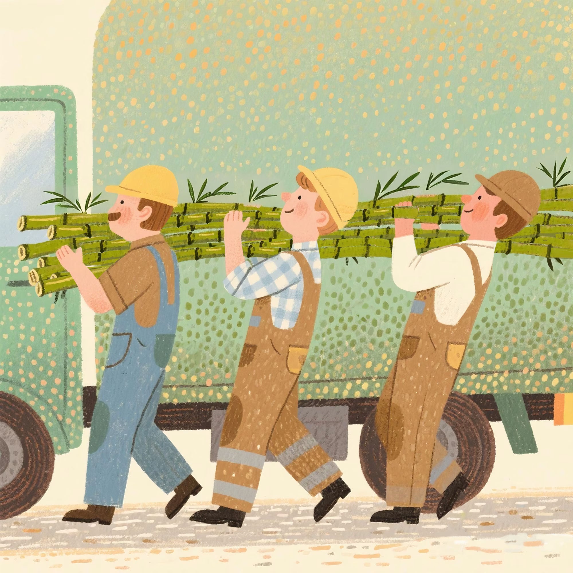 Illustration of harvested bamboo being carried from the forest